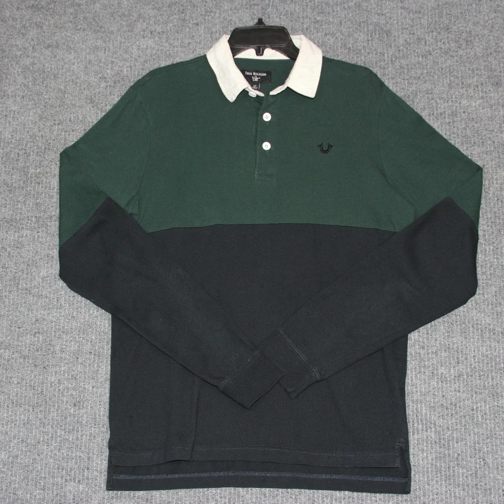 True Religion Mens Long Sleeve Polo Shirt Colorblock Green‎ Black Size S